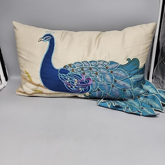 Thro Mario Lopez Peacock Lumbar 9”x18” Pillow Embroidered BEAUTIFUL - Picture 1 of 5